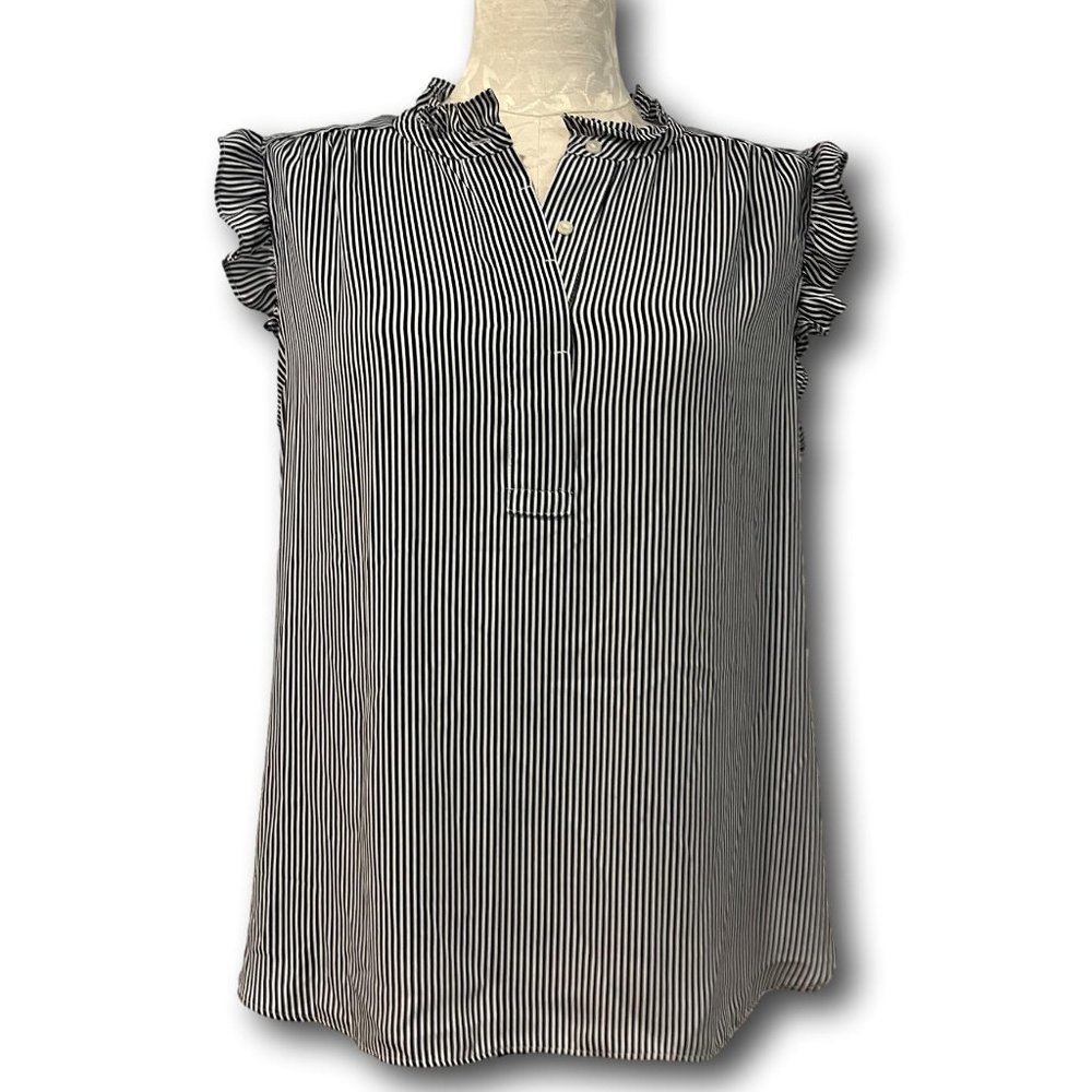 LOFT Black and White Vertical Stripe Ruffle Sleeve Blouse